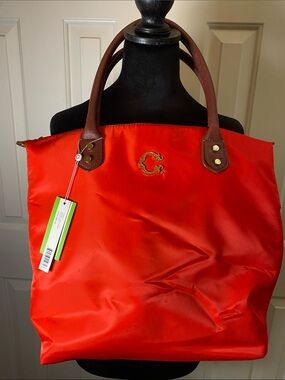 C Wonder Red Tote Bag with Brown Handles - Classic Everyday Carry